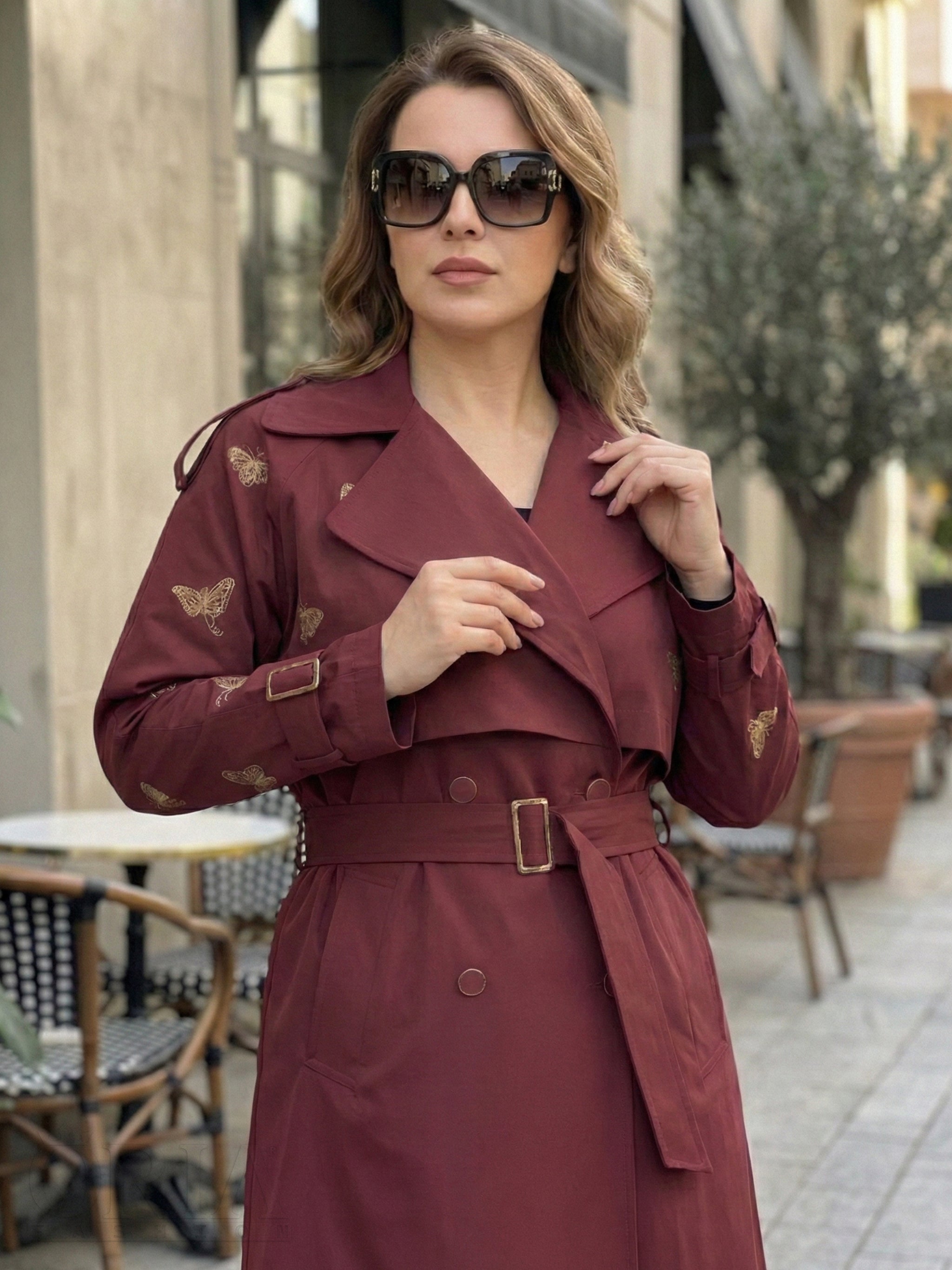 Butterflies Trench Coat - Burgundy